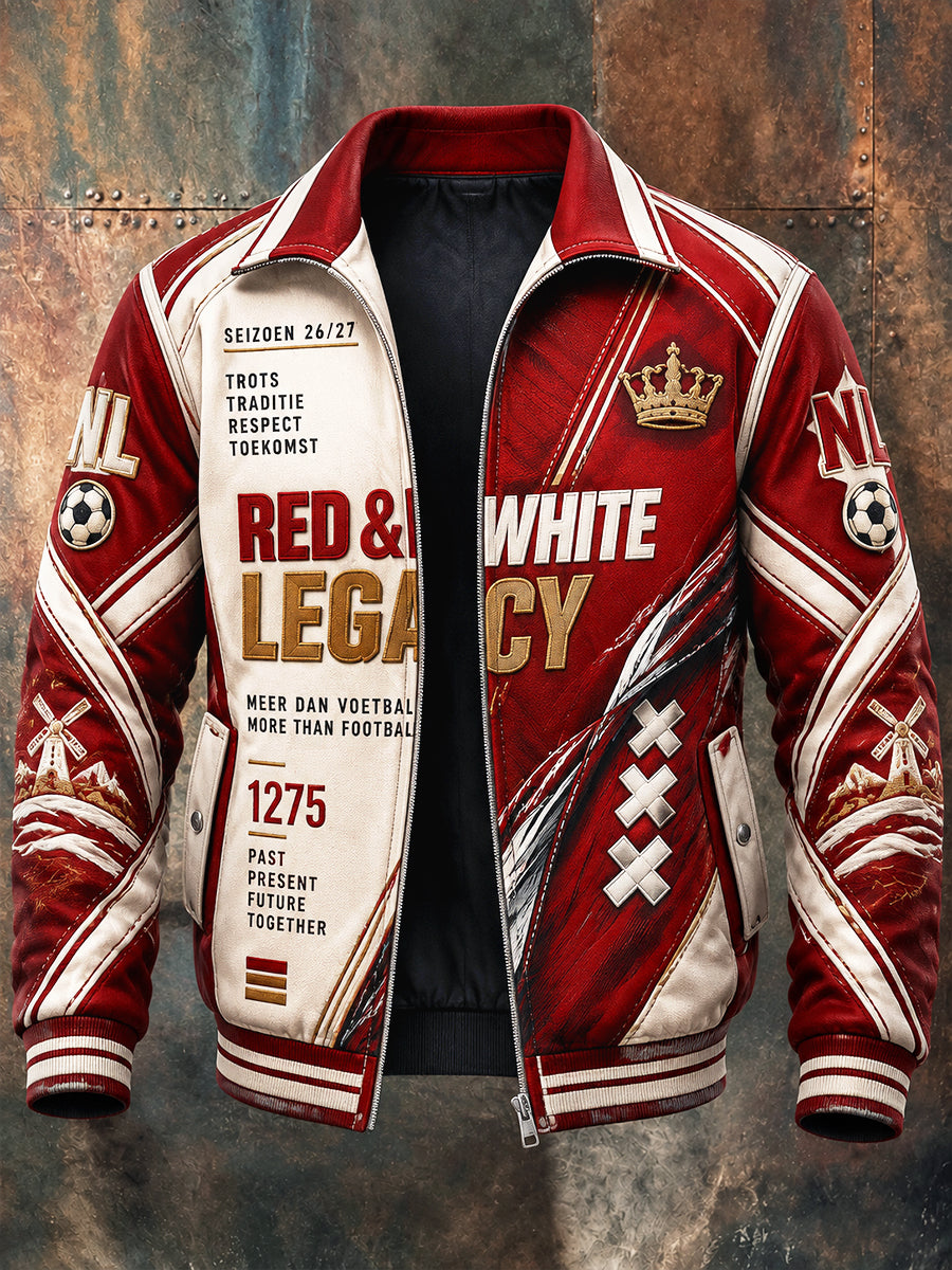 Nederlandse Eredivisie Ajax Voetbal Patchwork Print Casual Jas met Kraag en rits