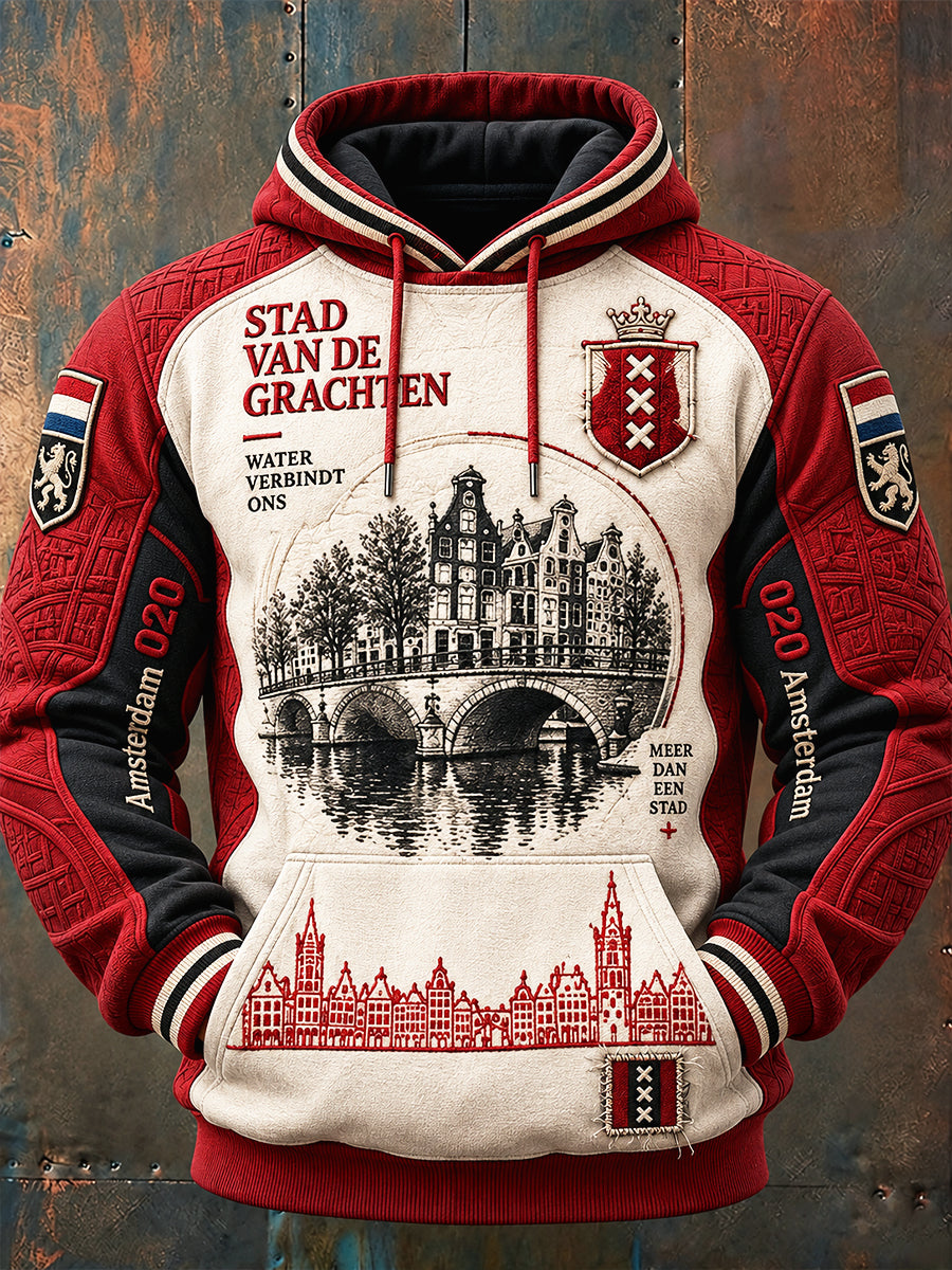 Casual hooded sweatshirt voor heren met patchworkprint, Amsterdam-stijl
