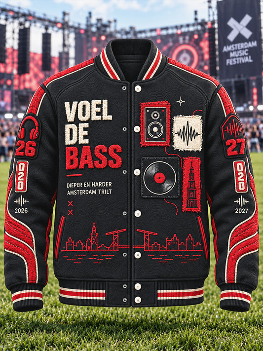 Heren zwart Amsterdam Electronic Music Festival Print Casual Baseball Jacket