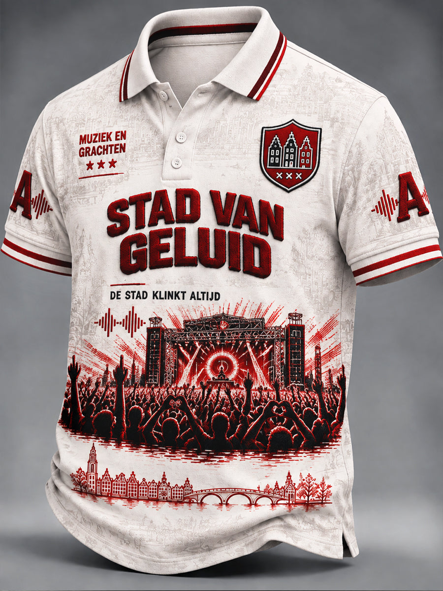 Mannen Wit Amsterdam Elektronische Muziek Festival Print Casual Poloshirt
