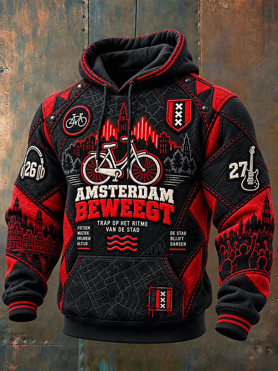 Heren zwart Amsterdam Electronic Music Festival Patchwork Print Casual Sweatshirt met capuchon