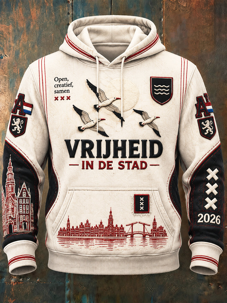 Herensweatshirt met capuchon, vintage stijl, beige met Amsterdam-print, casual