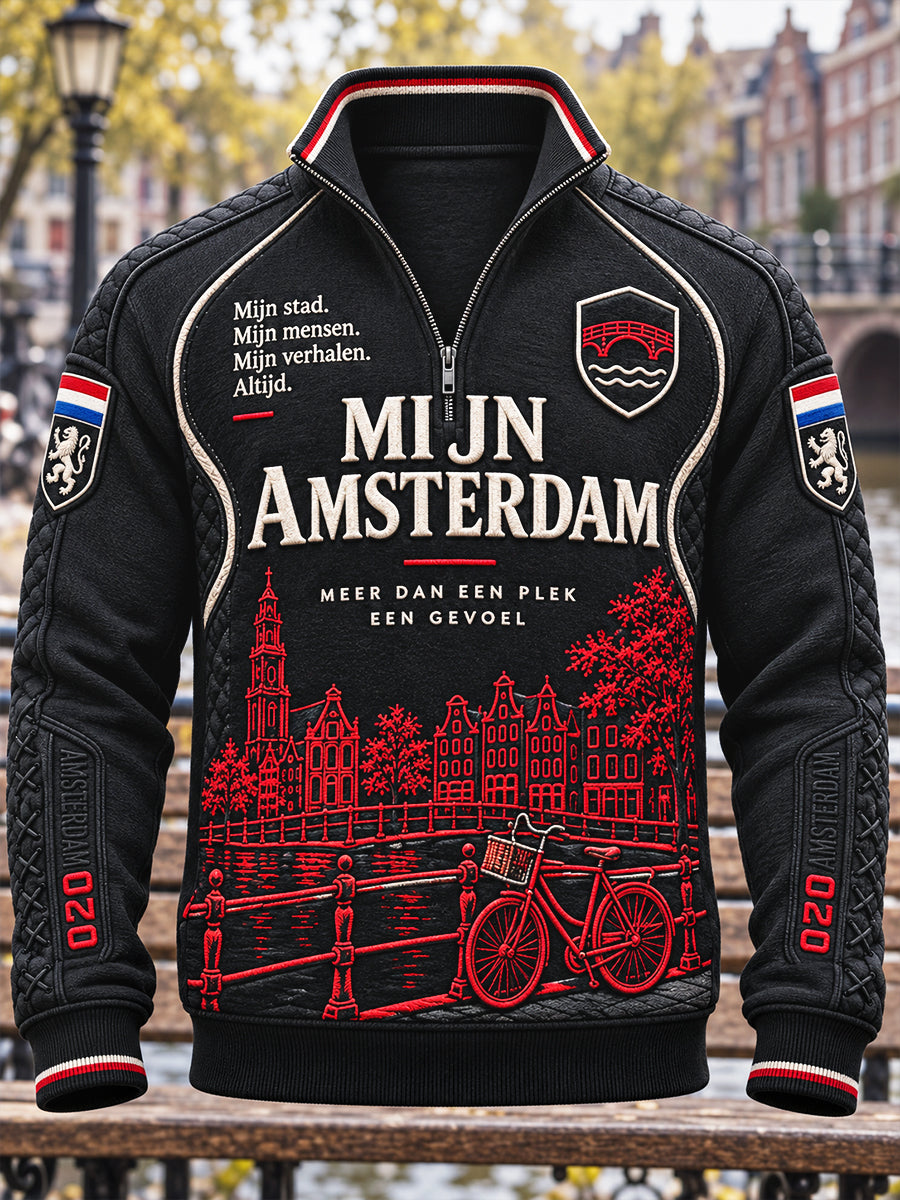 Zwarte heren-sweatshirt met Amsterdam-print, patchworkstijl en opstaande kraag, voor vrijetijdssport