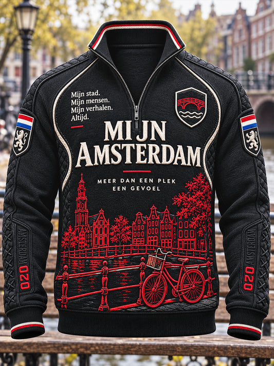 Zwarte heren-sweatshirt met Amsterdam-print, patchworkstijl en opstaande kraag, voor vrijetijdssport