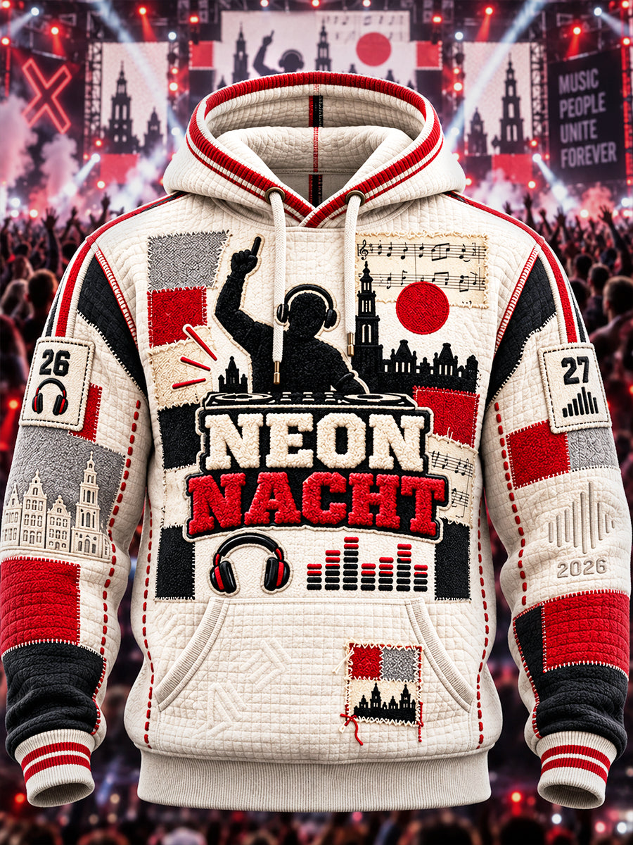Nederlands Amsterdam Elektronische Muziek Festival Patchwork Print Casual Sweatshirt met capuchon