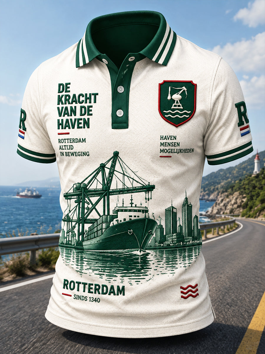 Herenpolo in wit met Rotterdam-print, casual stijl