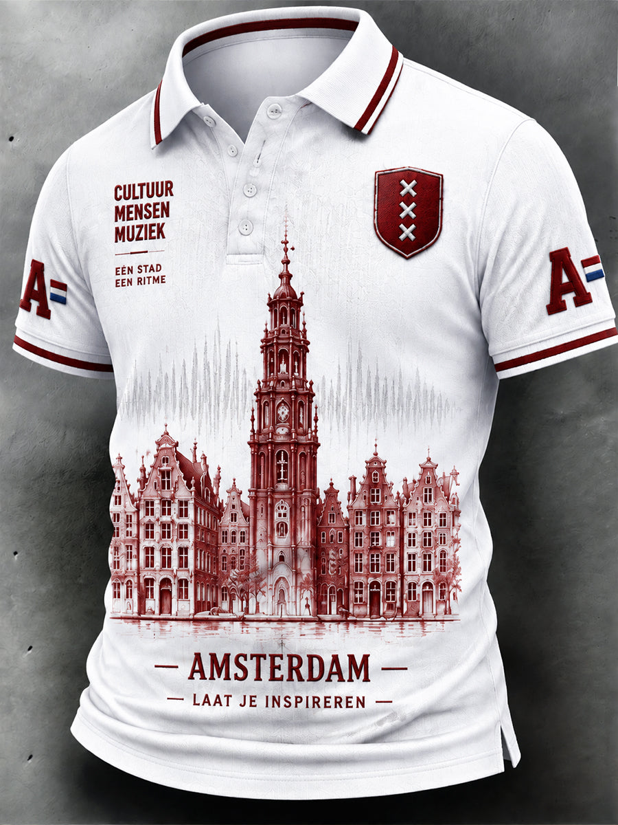 Wit casual poloshirt voor heren met Amsterdam-print