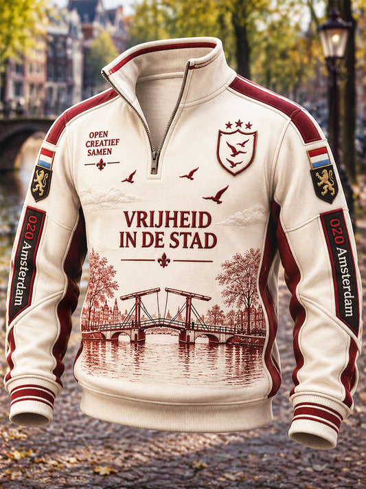 Heren ecru Amsterdam-print patchwork casual sweater met opstaande kraag