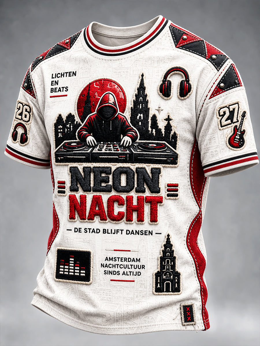 Heren Wit Amsterdam Electronic Music Festival Patchwork Print Casual T-shirt