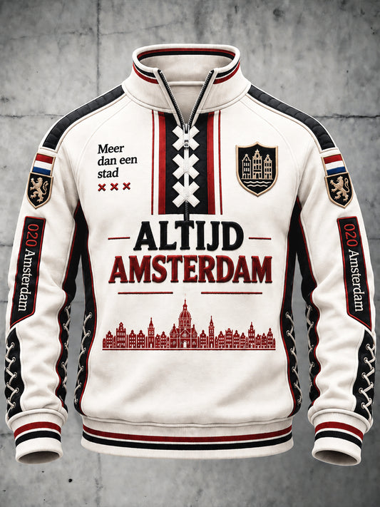 Wit heren-sweatshirt met Amsterdam-print, patchworkstijl en opstaande kraag, voor casual gebruik
