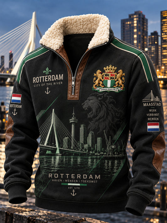 Herensweatshirt met lange mouwen, rits en mock-hals, voorzien van een stedelijke herdenkingsprint
