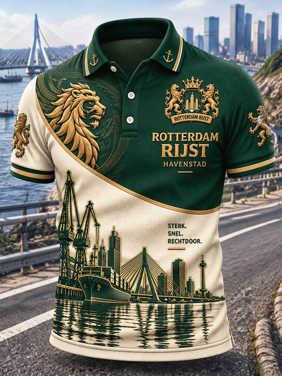Rotterdam City patchwork print casual poloshirt voor heren