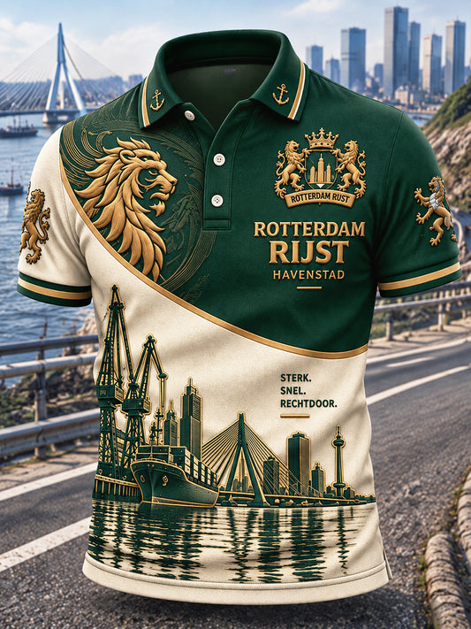 Rotterdam City patchwork print casual poloshirt voor heren
