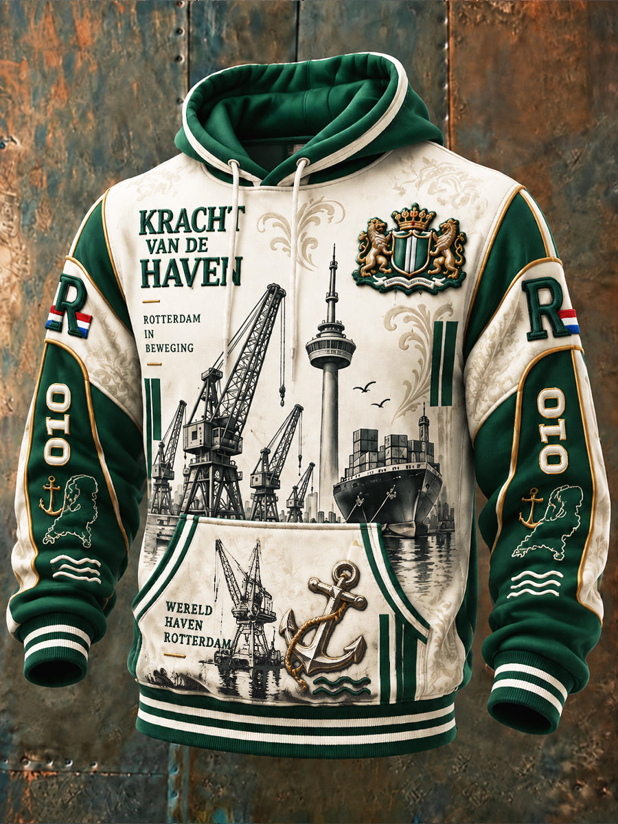 Beige Holland Rotterdam City Print casual sweatshirt met capuchon