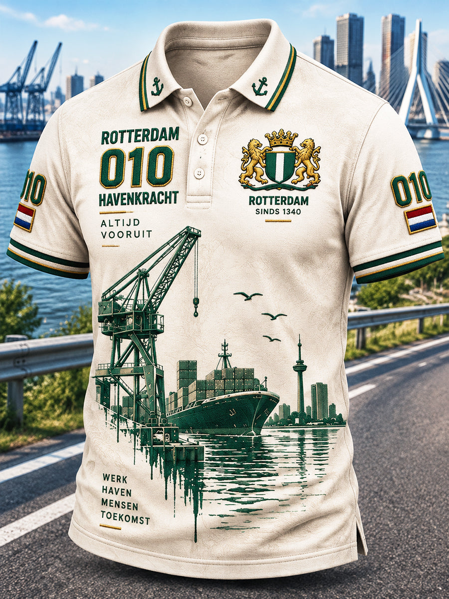 Beige Holland Rotterdam City Print casual poloshirt voor heren