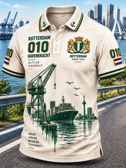 Beige Holland Rotterdam City Print casual poloshirt voor heren