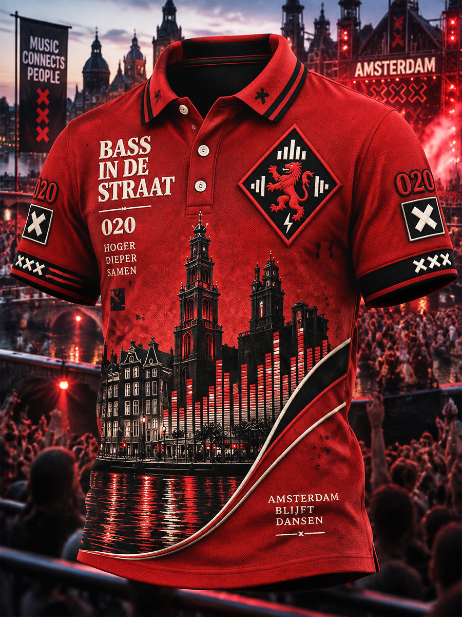 Heren Rood Amsterdam Elektronische Muziek Festival Print Casual Poloshirt