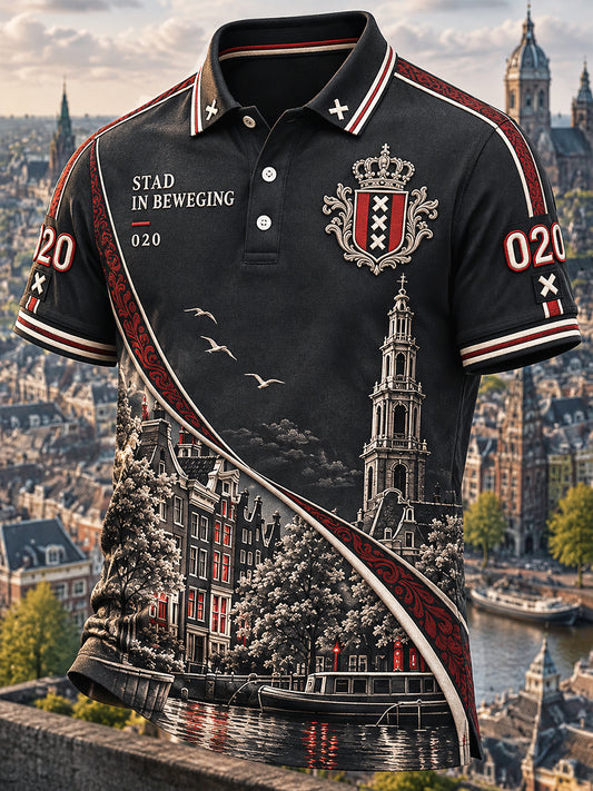 Casual poloshirt voor heren zwart Amsterdam City Print