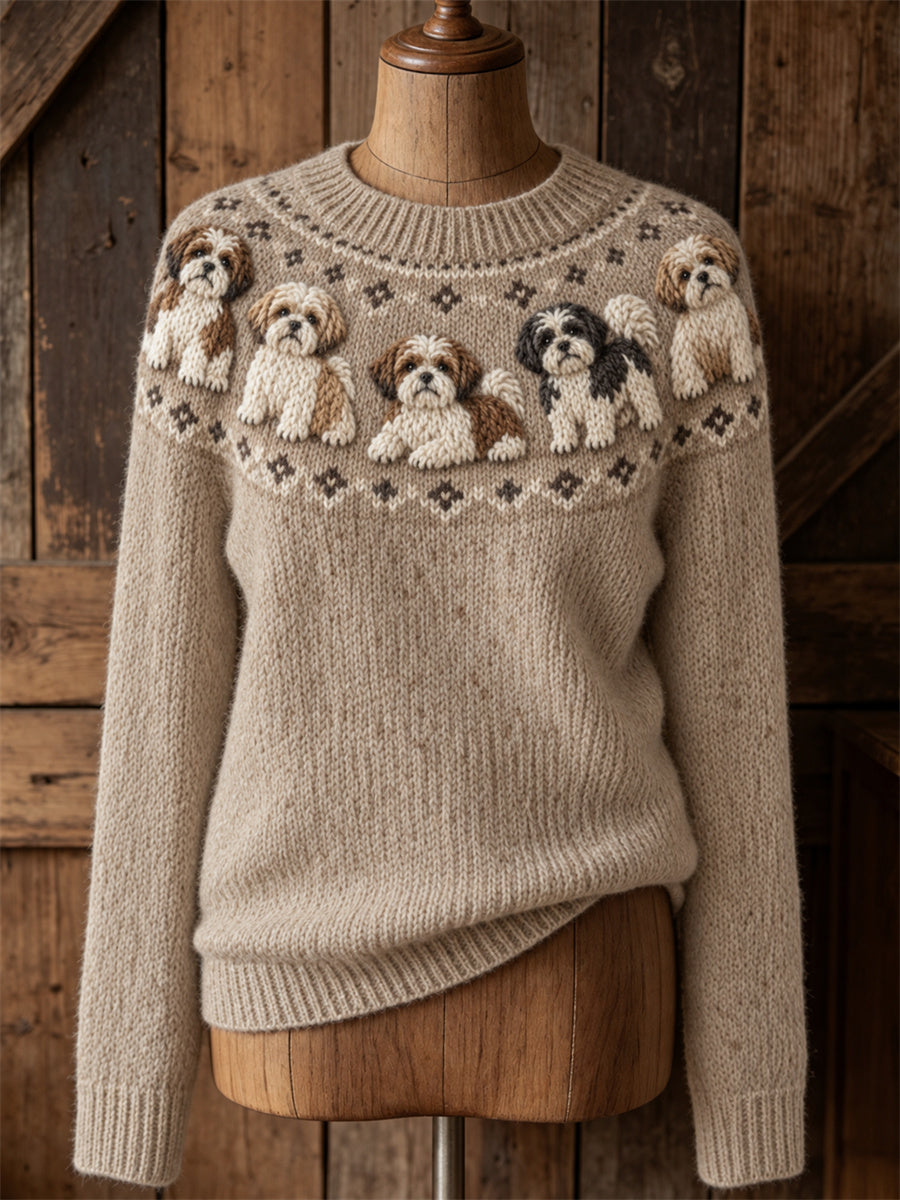 Dames Vintage Shih Tzu Dogs Yoke Isle Print Gezellige trui met ronde hals