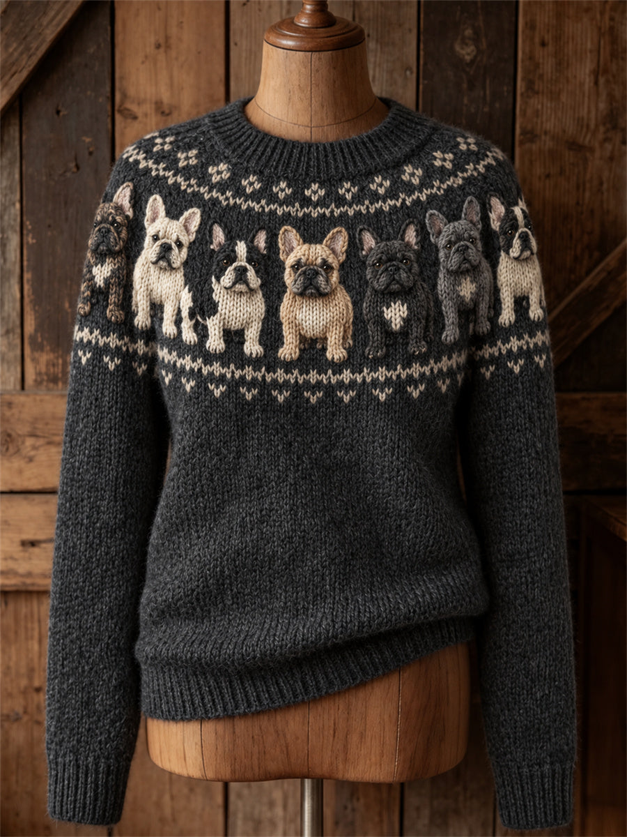 Vintage Franse Bulldogs voor dames Yoke Isle-patroonprint trui met ronde hals