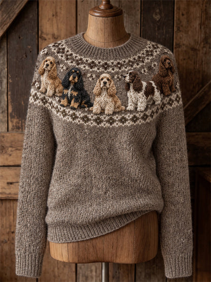 Dames Vintage Mooie Cocker Spaniel Honden Yoke Isle Print ronde hals trui