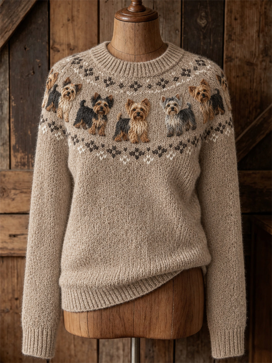 Vrouwen Vintage Yorkie Honden Yoke Isle Pattern Print ronde hals trui
