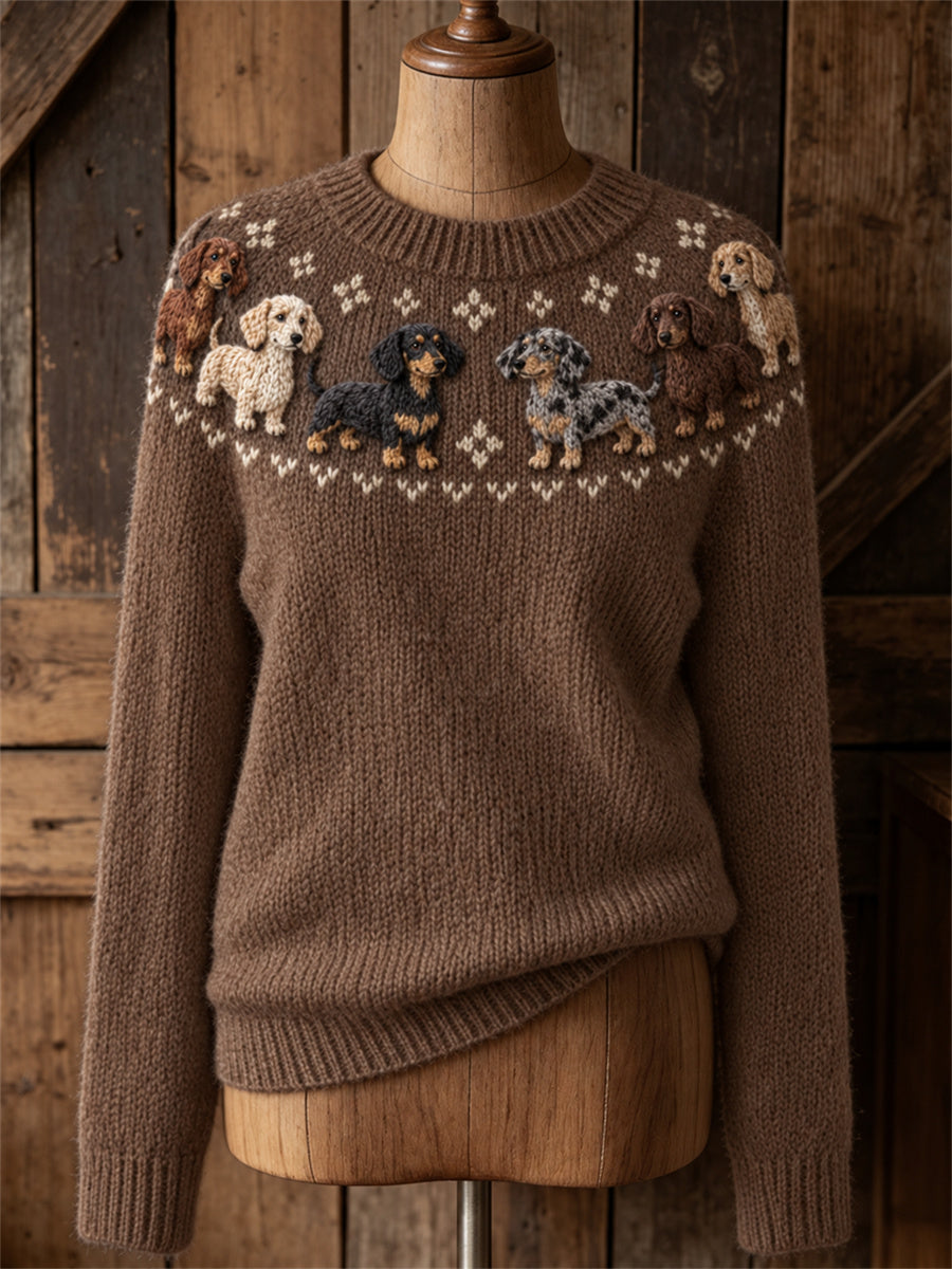 Dames Vintage Teckel Honden Yoke Isle Pattern Print ronde hals trui
