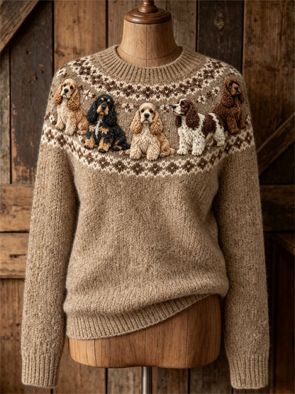 Dames Vintage Mooie Cocker Spaniel Honden Yoke Isle Print ronde hals trui