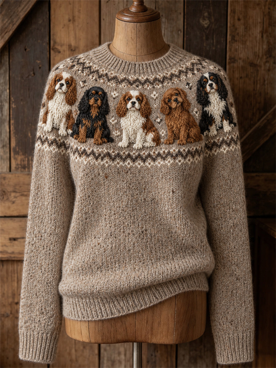 Dames Vintage Cavalier Honden Yoke Isle Print Gezellige trui met ronde hals