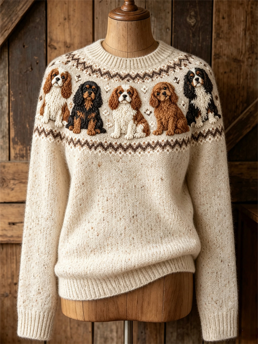 Dames Vintage Cavalier Honden Yoke Isle Print Gezellige trui met ronde hals