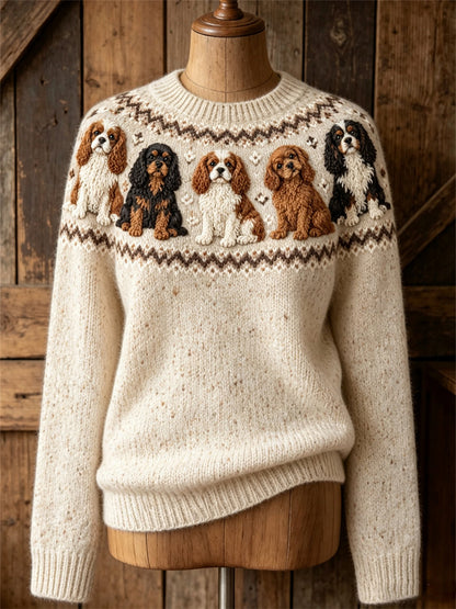 Dames Vintage Cavalier Honden Yoke Isle Print Gezellige trui met ronde hals