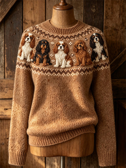 Dames Vintage Cavalier Honden Yoke Isle Print Gezellige trui met ronde hals