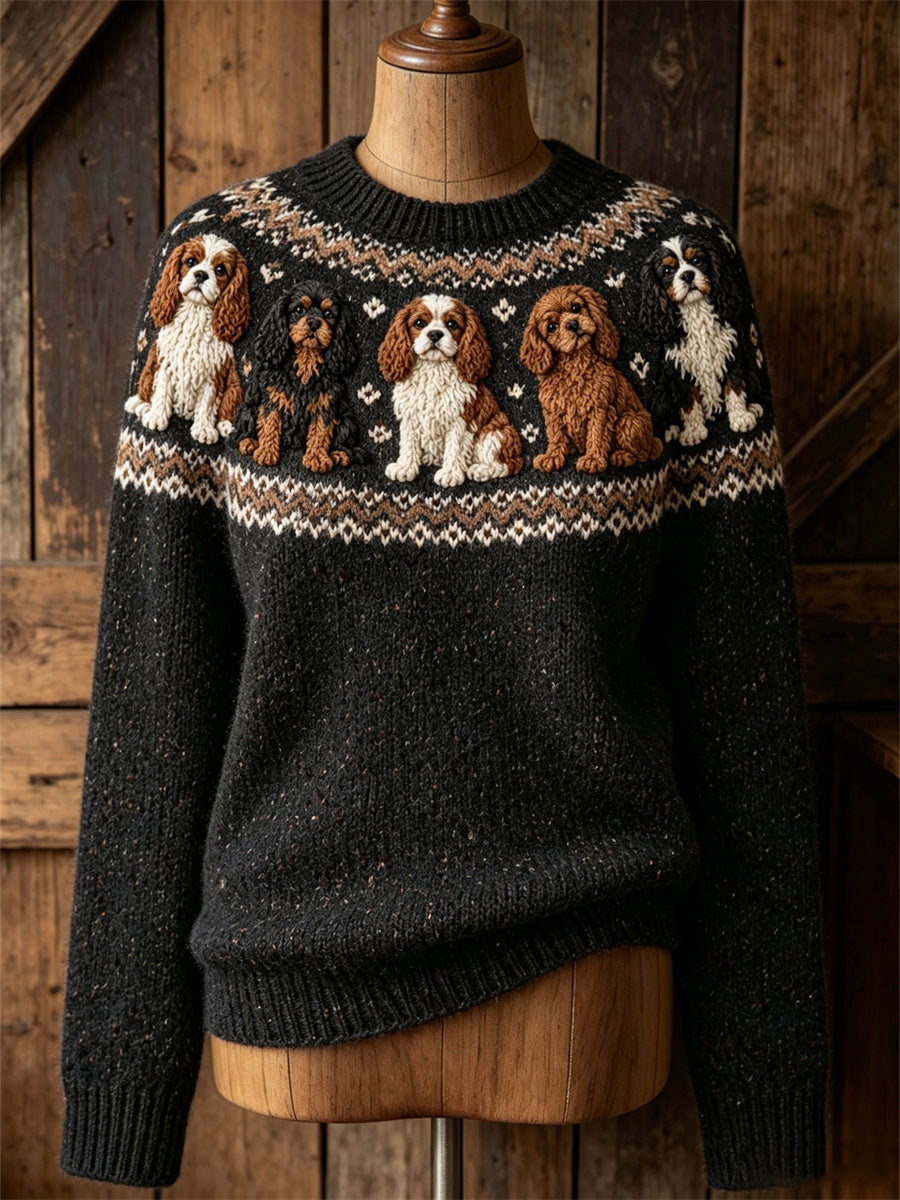 Dames Vintage Cavalier Honden Yoke Isle Print Gezellige trui met ronde hals