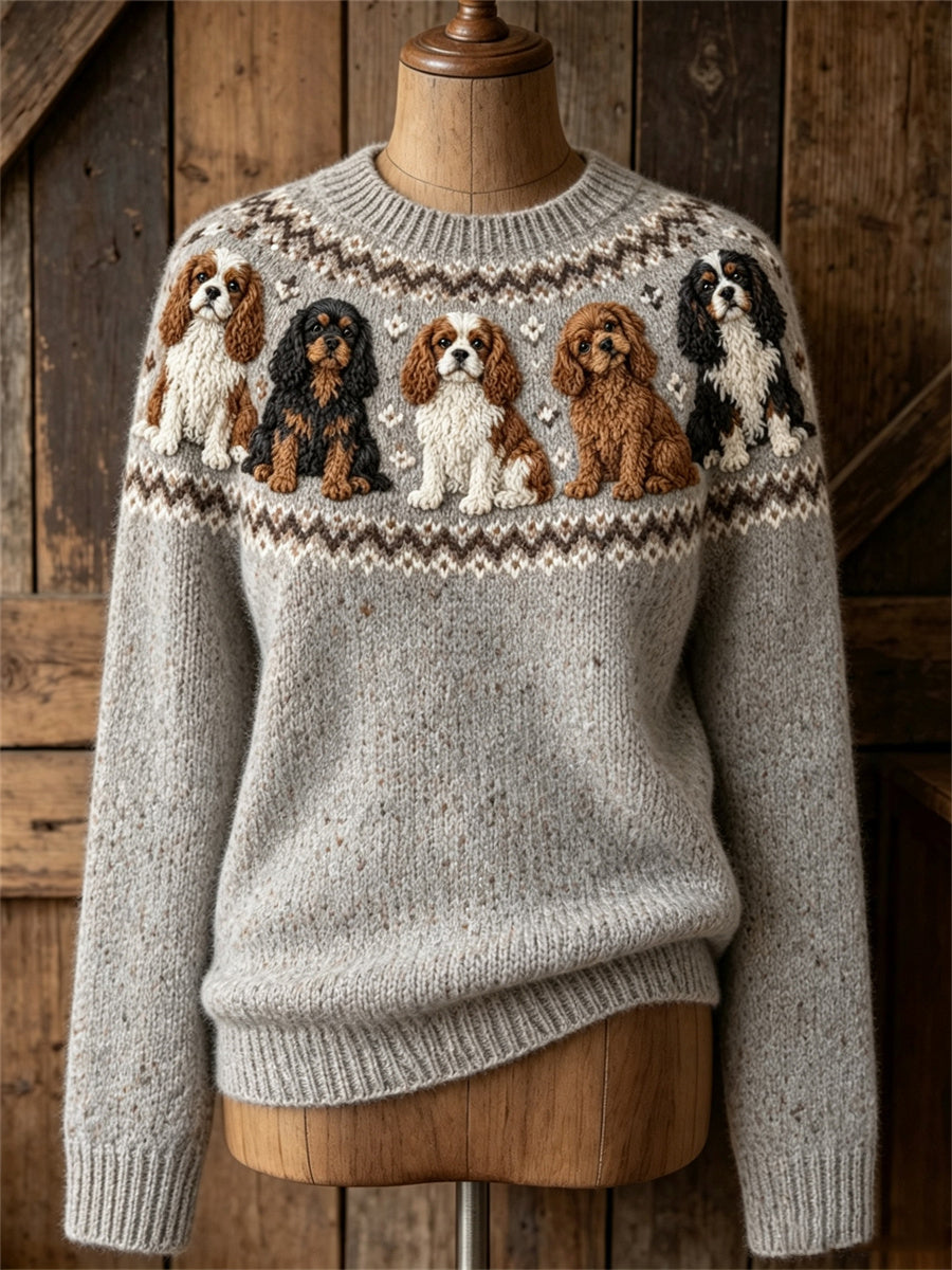 Dames Vintage Cavalier Honden Yoke Isle Print Gezellige trui met ronde hals