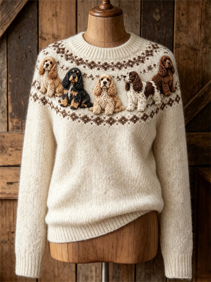 Dames Vintage Mooie Cocker Spaniel Honden Yoke Isle Print ronde hals trui