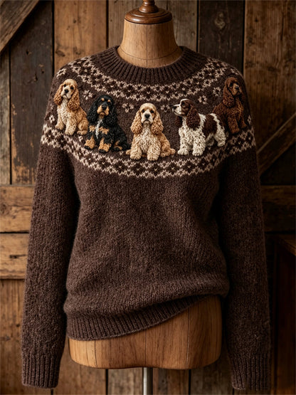 Dames Vintage Mooie Cocker Spaniel Honden Yoke Isle Print ronde hals trui