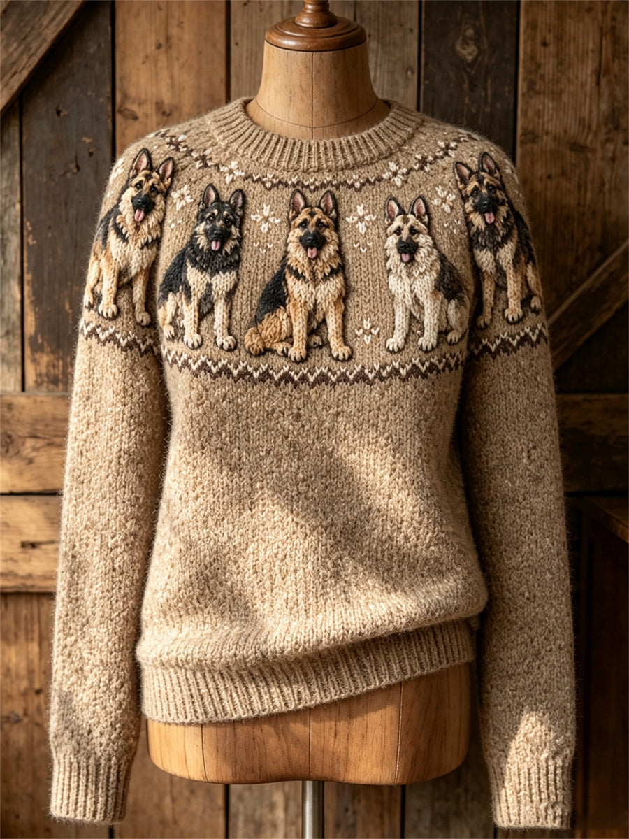 Vintage Duitse herdershonden voor dames Yoke Isle Print Gezellige trui met ronde hals