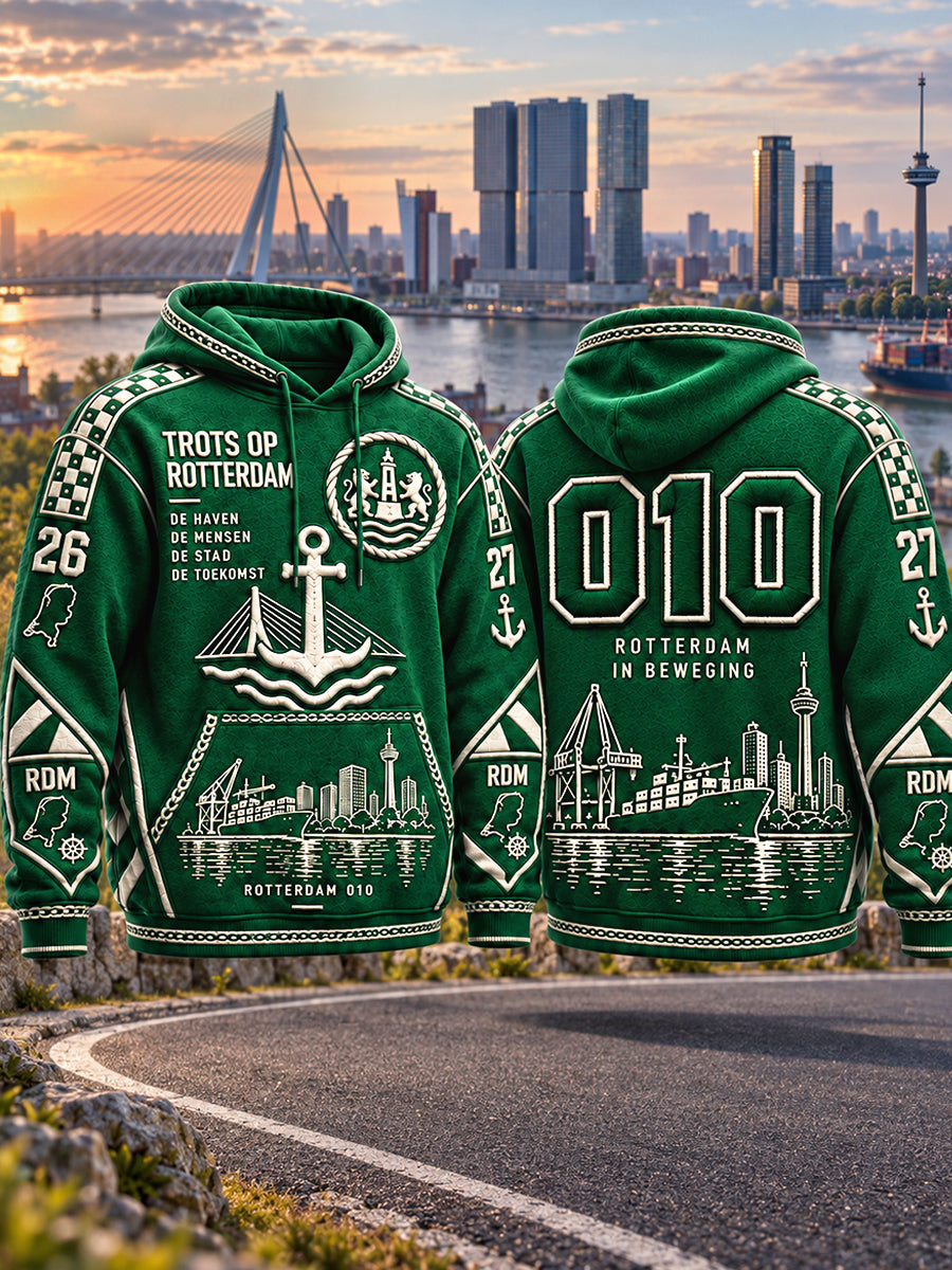 Heren Groen Rotterdam-Gedrukte Patchwork Casual Sweatshirt met capuchon