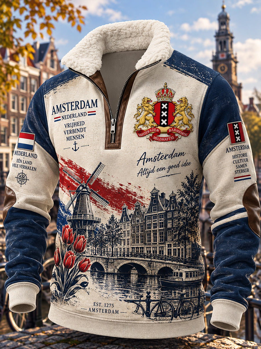 Herenhoodie met lange mouwen en opstaande kraag, voorzien van een grafische print ter herdenking van de stad
