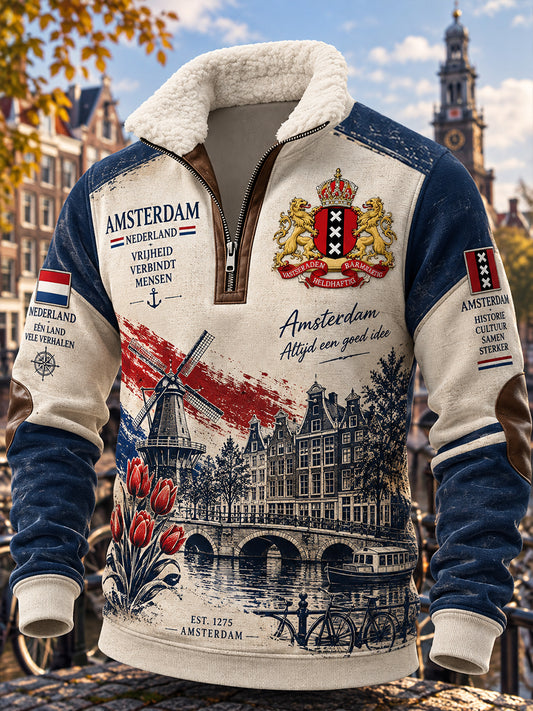 Herenhoodie met lange mouwen en opstaande kraag, voorzien van een grafische print ter herdenking van de stad