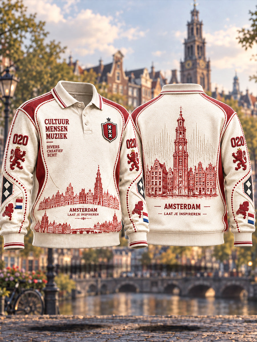 Casual poloshirt met lange mouwen voor heren uit Amsterdam City Print