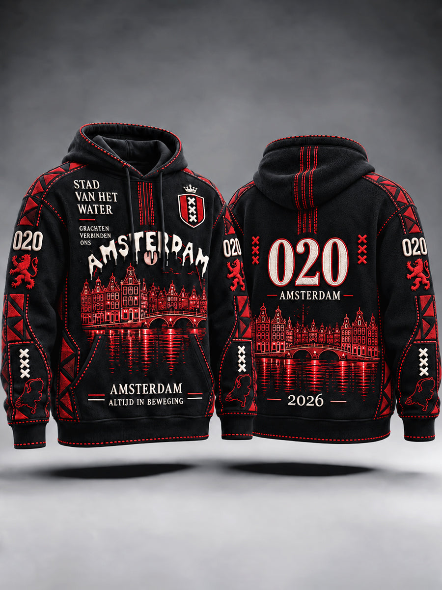 Black Amsterdam City Patchwork Print casual sweatshirt met capuchon