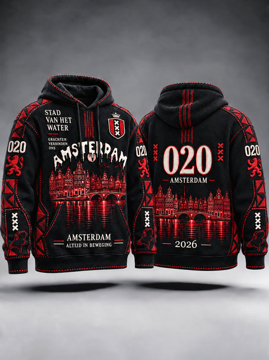 Black Amsterdam City Patchwork Print casual sweatshirt met capuchon