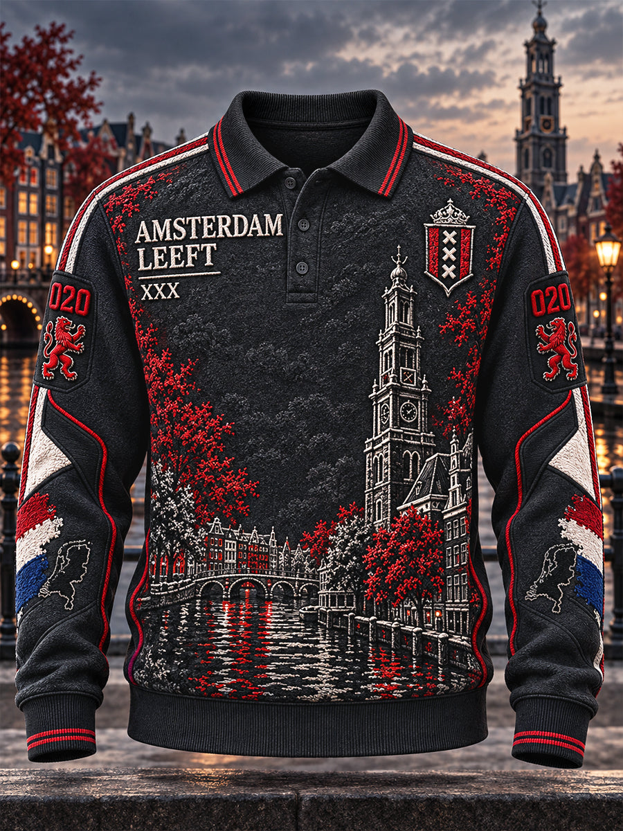 Black Amsterdam City Print casual poloshirt met lange mouwen voor heren