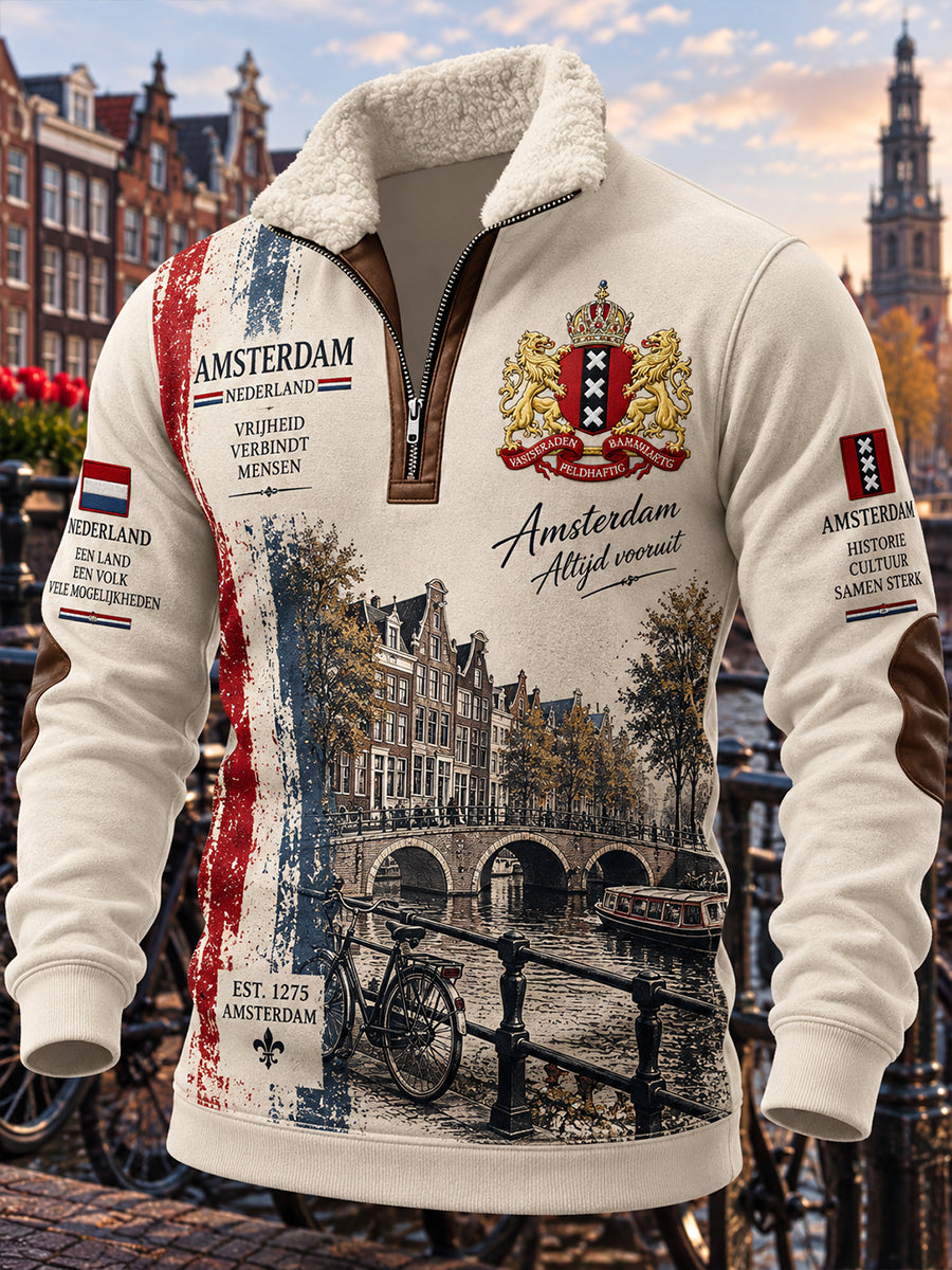 Herenhoodie met lange mouwen en opstaande kraag, voorzien van een grafische print ter herdenking van de stad