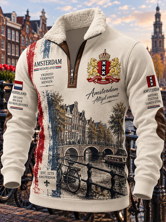 Herenhoodie met lange mouwen en opstaande kraag, voorzien van een grafische print ter herdenking van de stad