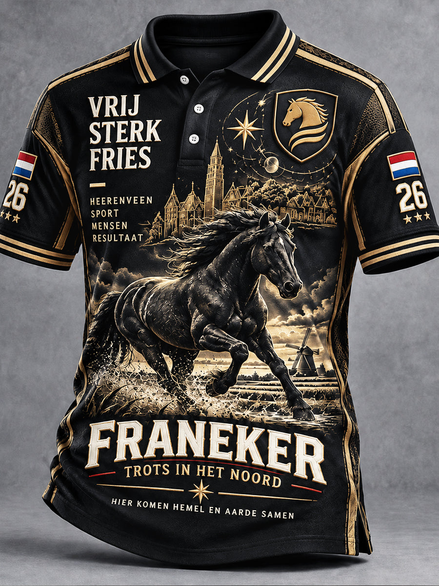 Herenzwart Holland Friesian paard met architectonische print casual poloshirt