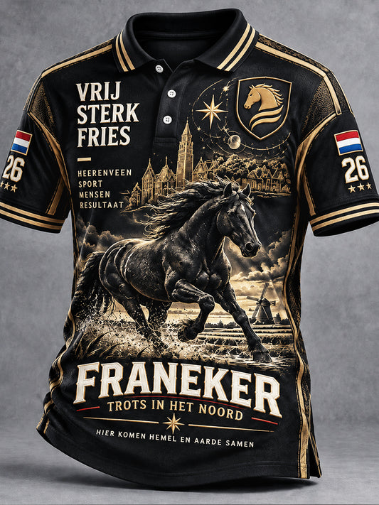 Herenzwart Holland Friesian paard met architectonische print casual poloshirt