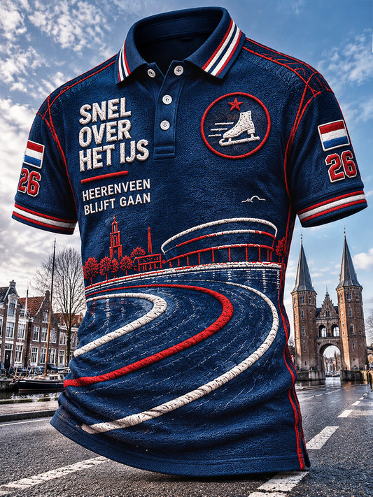 Herenblauw Holland Friesland City Print Casual Poloshirt