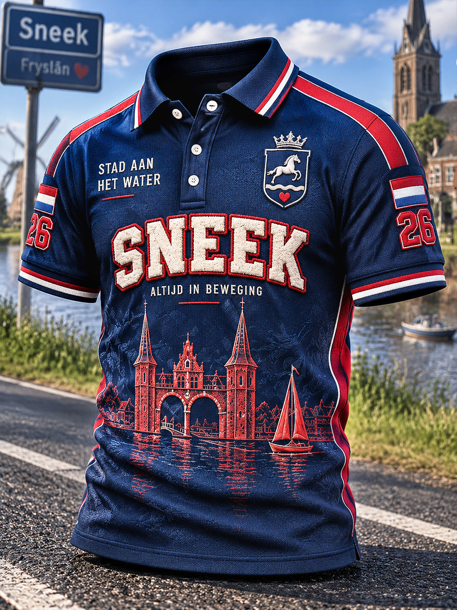 Herenblauw Holland Friesland Cityscape print casual poloshirt